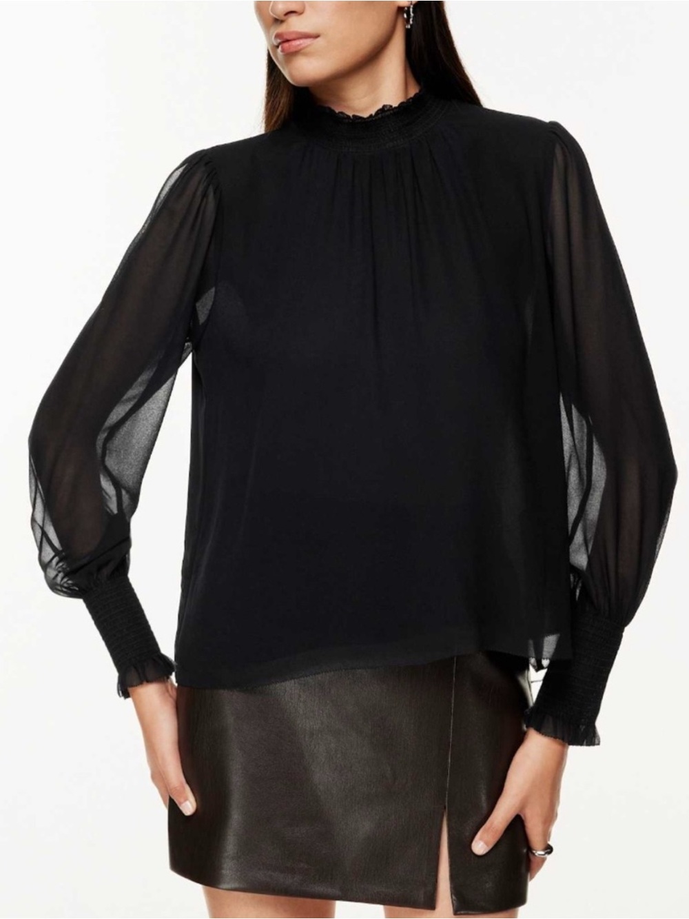 Aritzia Valencia Black Sheer Long-Sleeve Smocked Collar Blouse